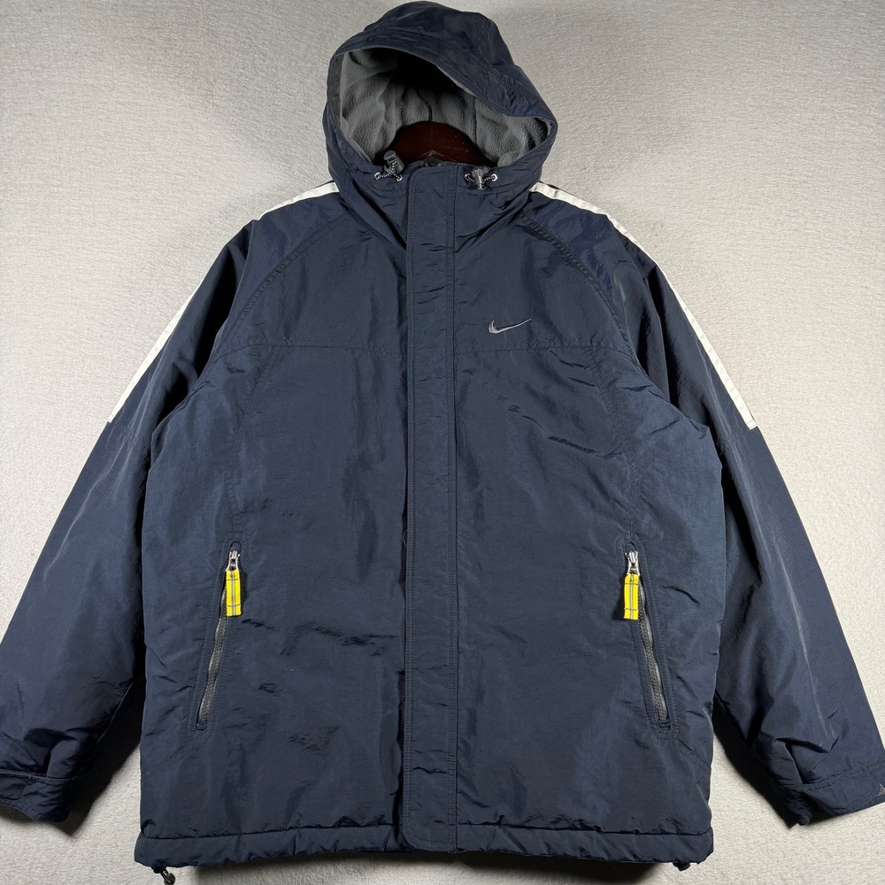 Vintage Nike Mens Navy Blue Hooded Puffer Jacket White Stripe Fleece Lined Large